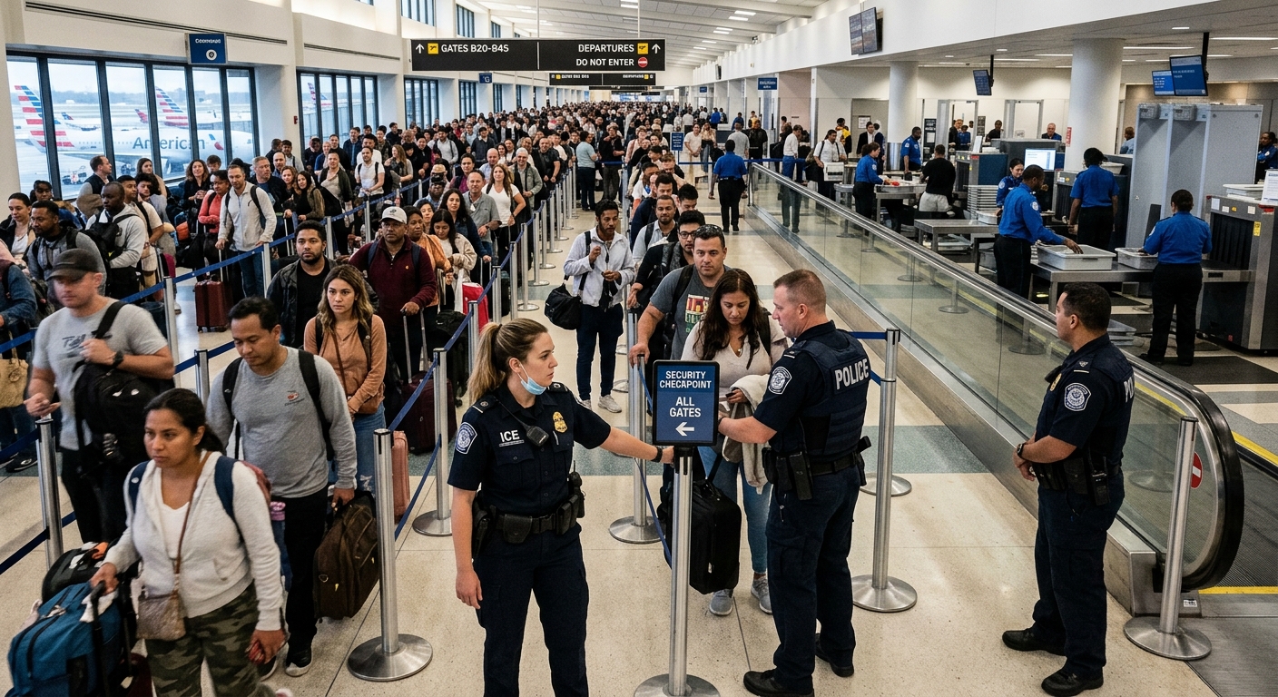 AI 생성 이미지 (models/gemini-3.1-flash-image-preview): ICE agents in uniform standing near a crowded airport security checkpoint, managing passenger flow, ...