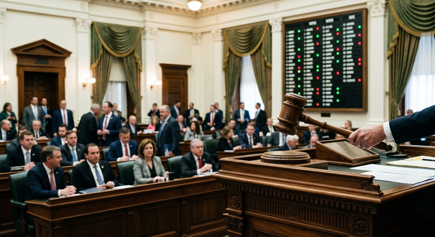 AI 생성 이미지 (models/gemini-3.1-flash-image-preview): A formal legislative building interior with lawmakers in session, focusing on a voting board or a ga...