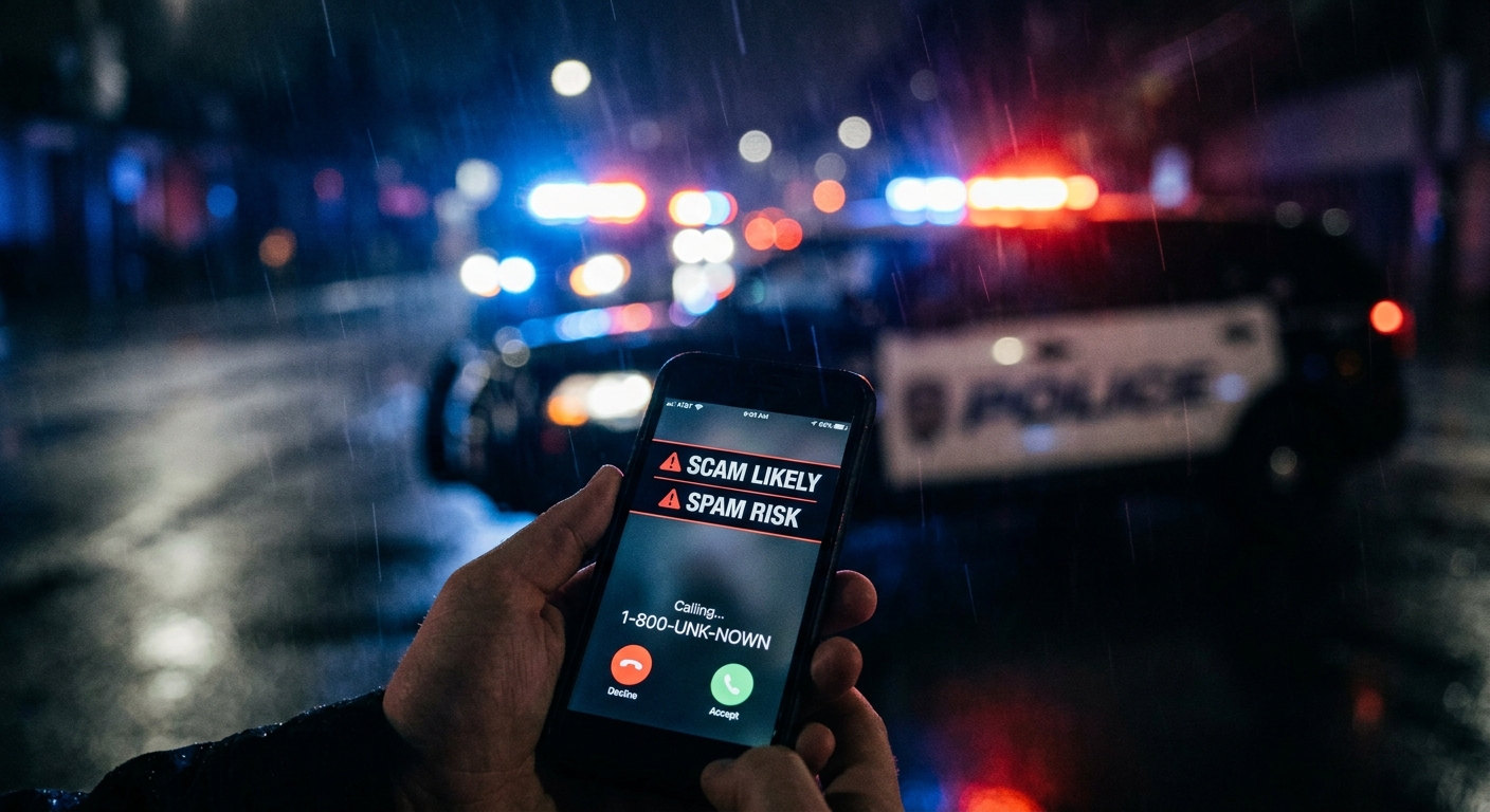 AI 생성 이미지 (models/gemini-3.1-flash-image-preview): A conceptual photo showing a smartphone screen with a suspicious incoming call warning, blurred back...