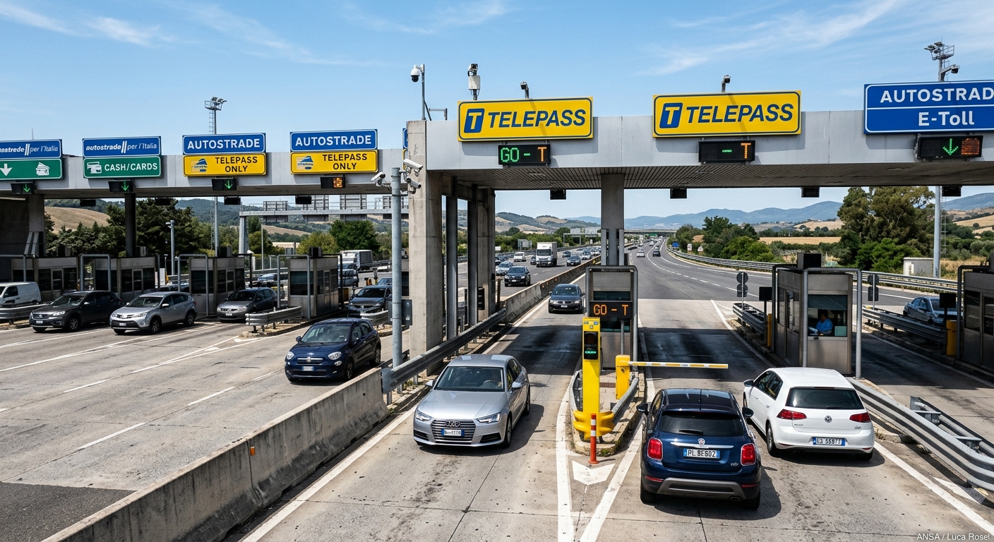 AI 생성 이미지 (models/gemini-3.1-flash-image-preview): A modern highway toll plaza with electronic toll collection signs, cars passing through, clear sunny...