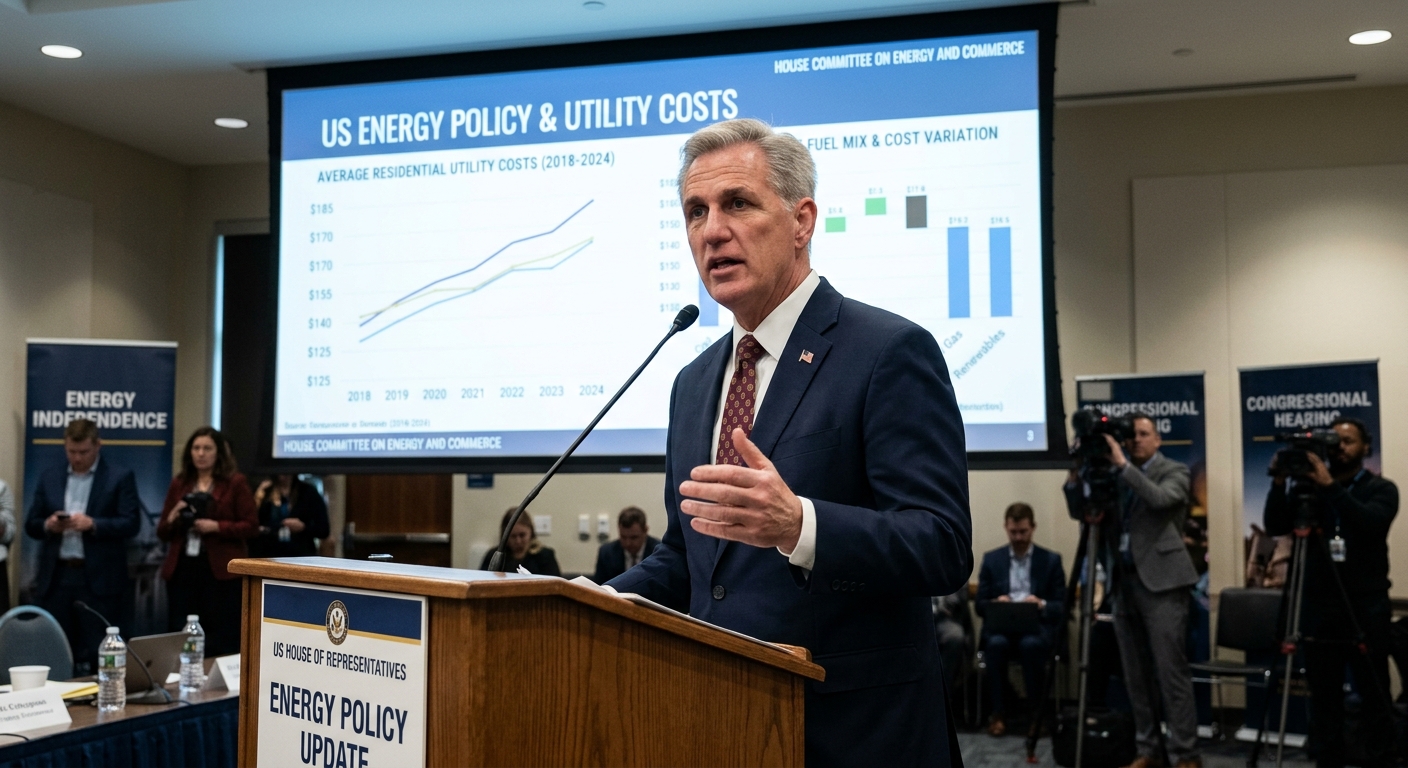 AI 생성 이미지 (models/gemini-3.1-flash-image-preview): A professional news photo of a US Congressman speaking at a podium about energy policy, with charts ...