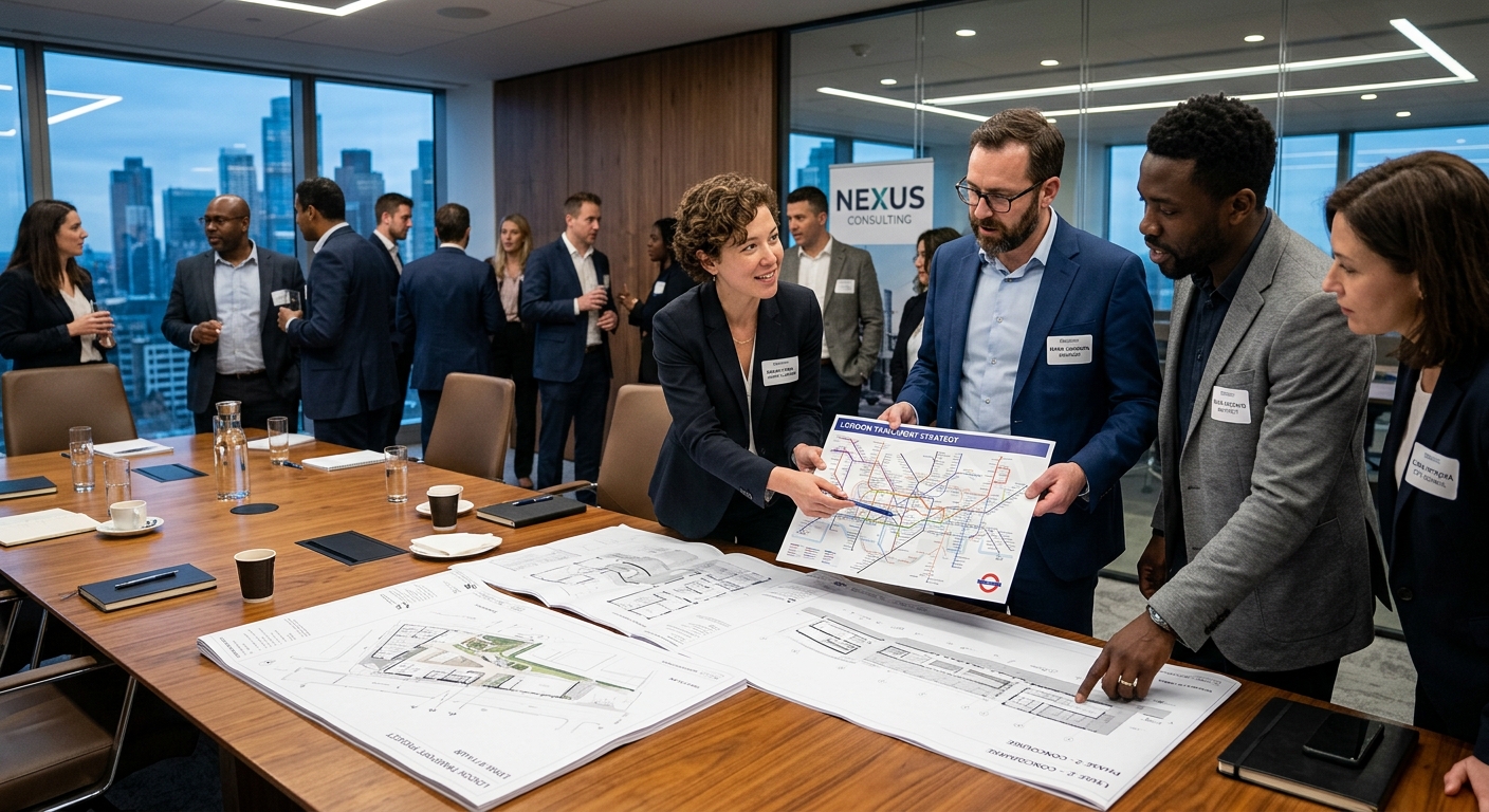 AI 생성 이미지 (models/gemini-3.1-flash-image-preview): A professional networking event in a modern corporate boardroom, with people discussing architectura...