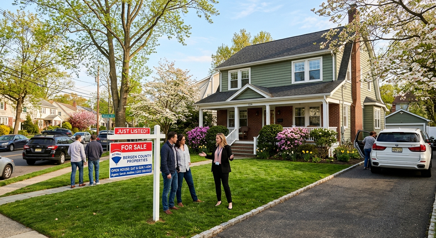 AI 생성 이미지 (models/gemini-3.1-flash-image-preview): A professional photojournalism style image of a classic suburban single-family home in New Jersey wi...