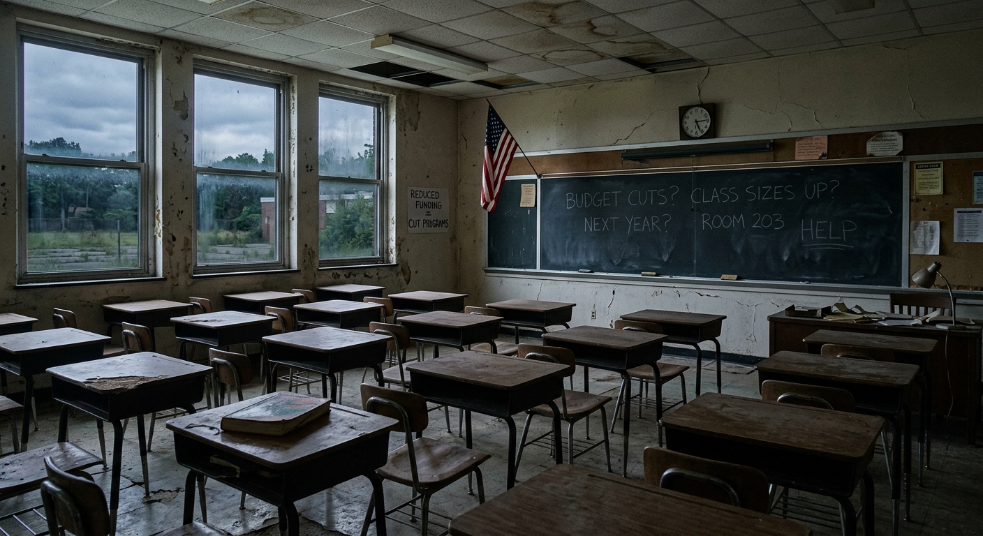 AI 생성 이미지 (models/gemini-3.1-flash-image-preview): A photojournalistic shot of an empty, dimly lit public school classroom with a chalkboard in the bac...