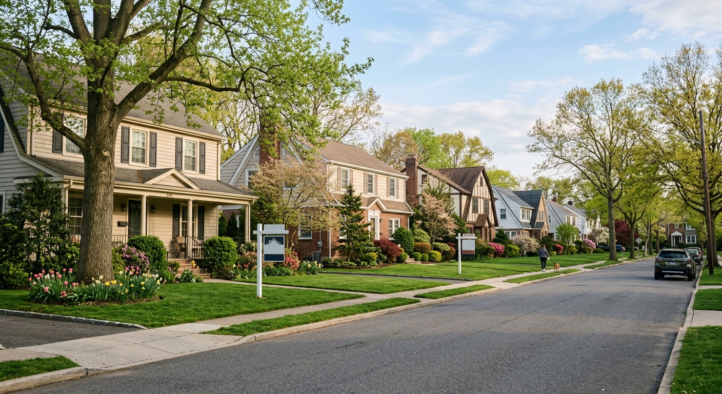 AI 생성 이미지 (models/gemini-3.1-flash-image-preview): A professional photojournalism style image showing a typical suburban street in Bergen County, New J...