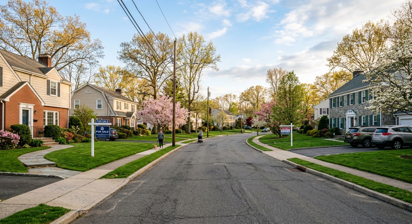 AI 생성 이미지 (models/gemini-3.1-flash-image-preview): A professional photojournalism style image showing a typical suburban street in Bergen County, New J...