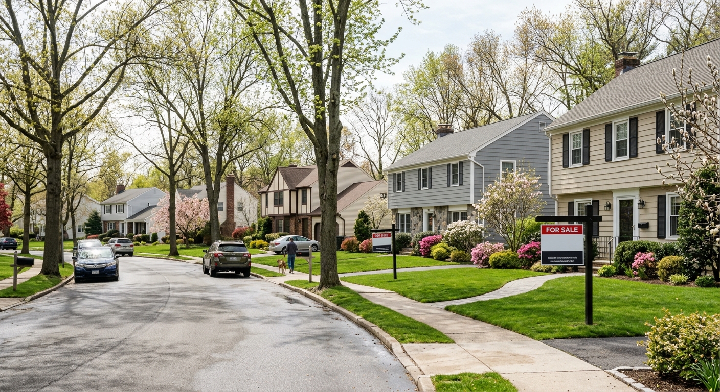 AI 생성 이미지 (models/gemini-3.1-flash-image-preview): A professional photojournalism style image showing a typical suburban street in Bergen County, New J...