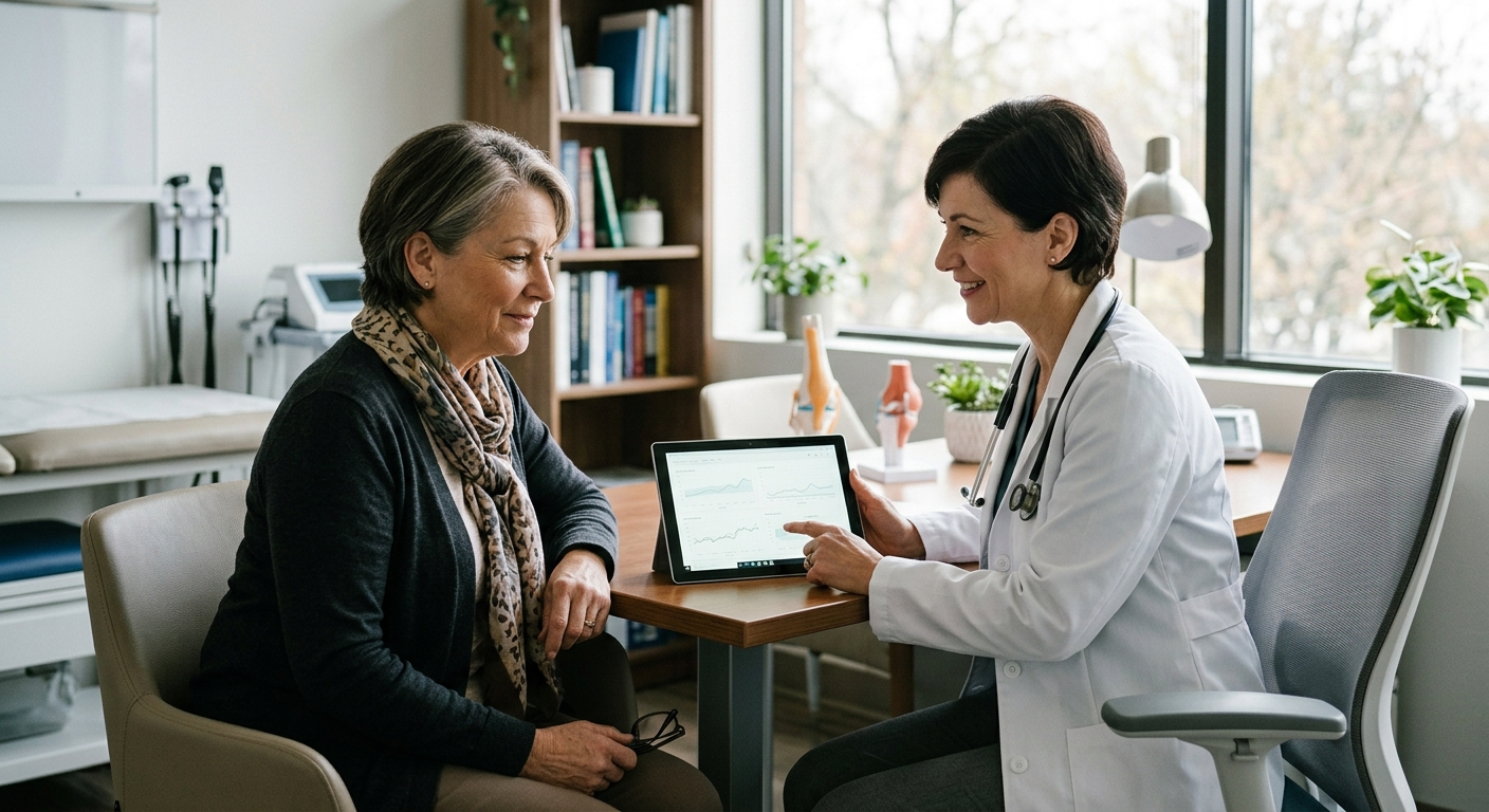 AI 생성 이미지 (models/gemini-3.1-flash-image-preview): A professional and reassuring photojournalism style image of a mature adult patient consulting with ...