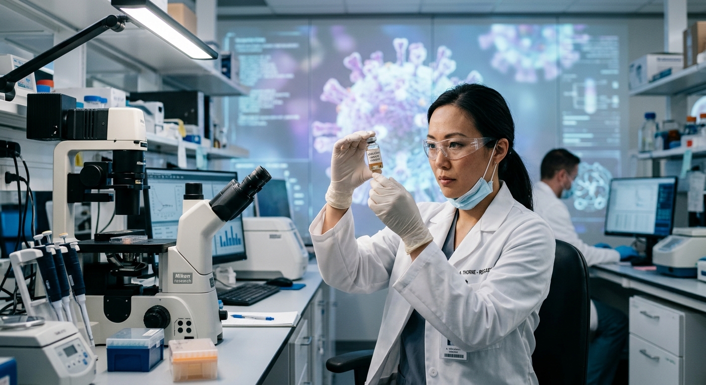 AI 생성 이미지 (models/gemini-3.1-flash-image-preview): A photojournalistic image of a medical professional in a modern laboratory carefully examining a via...