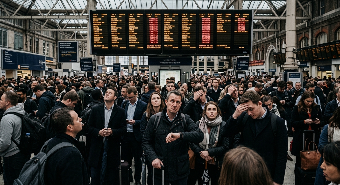 AI 생성 이미지 (models/gemini-3.1-flash-image-preview): A crowded train station concourse with frustrated commuters looking up at a large digital departure ...