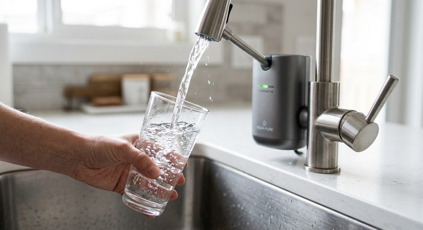AI 생성 이미지 (models/gemini-3.1-flash-image-preview): A close-up shot of clear water pouring from a modern kitchen faucet into a glass, with a subtle high...