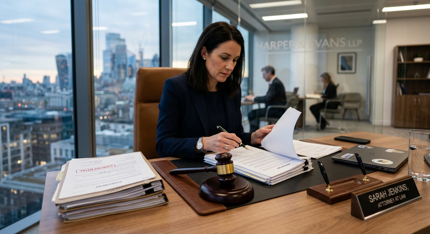 AI 생성 이미지 (models/gemini-3.1-flash-image-preview): A professional office environment with legal documents and a gavel on a desk, soft lighting, modern ...