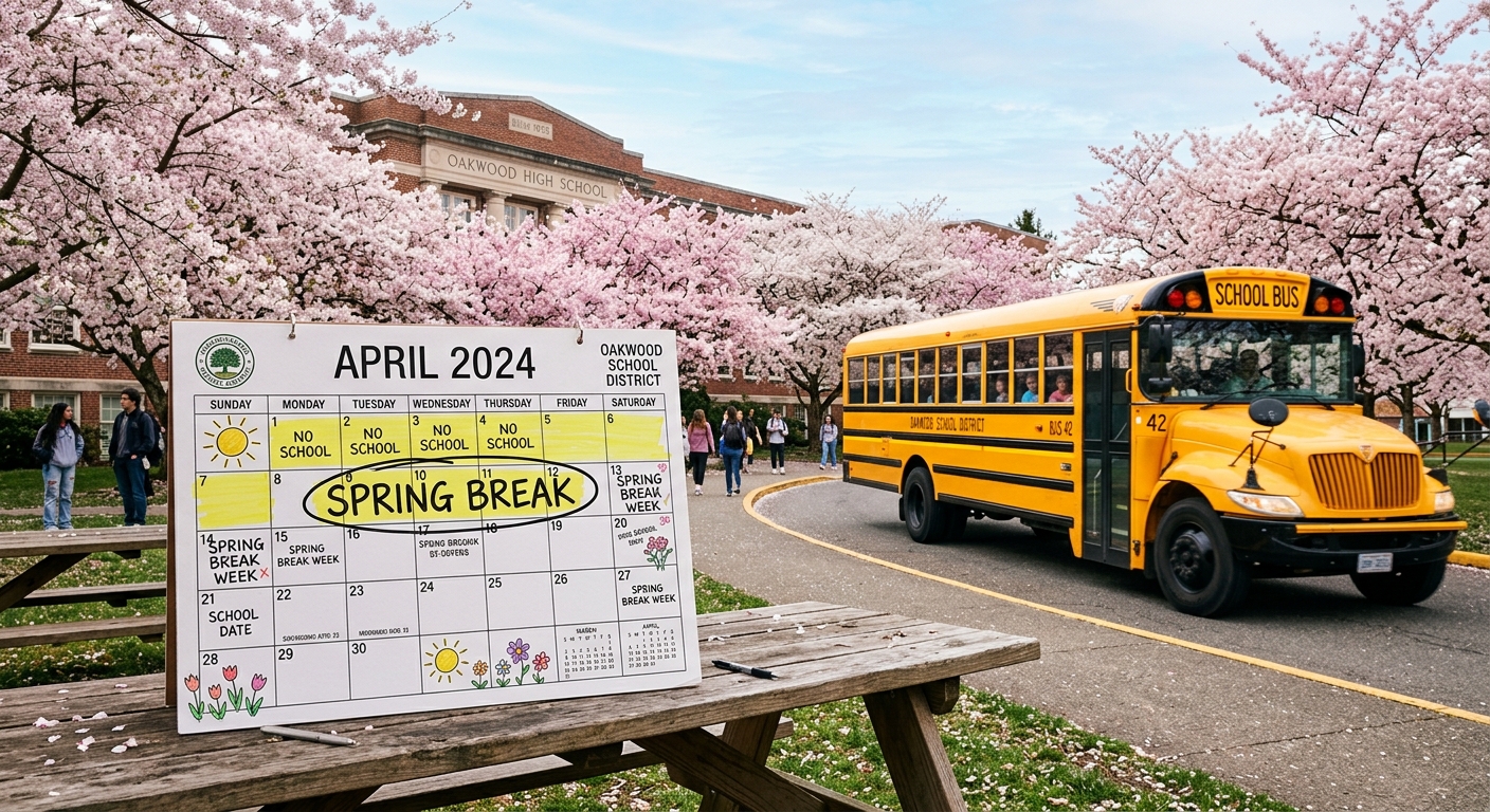 AI 생성 이미지 (models/gemini-3.1-flash-image-preview): A conceptual image of a school calendar with a spring break week highlighted, alongside a yellow sch...