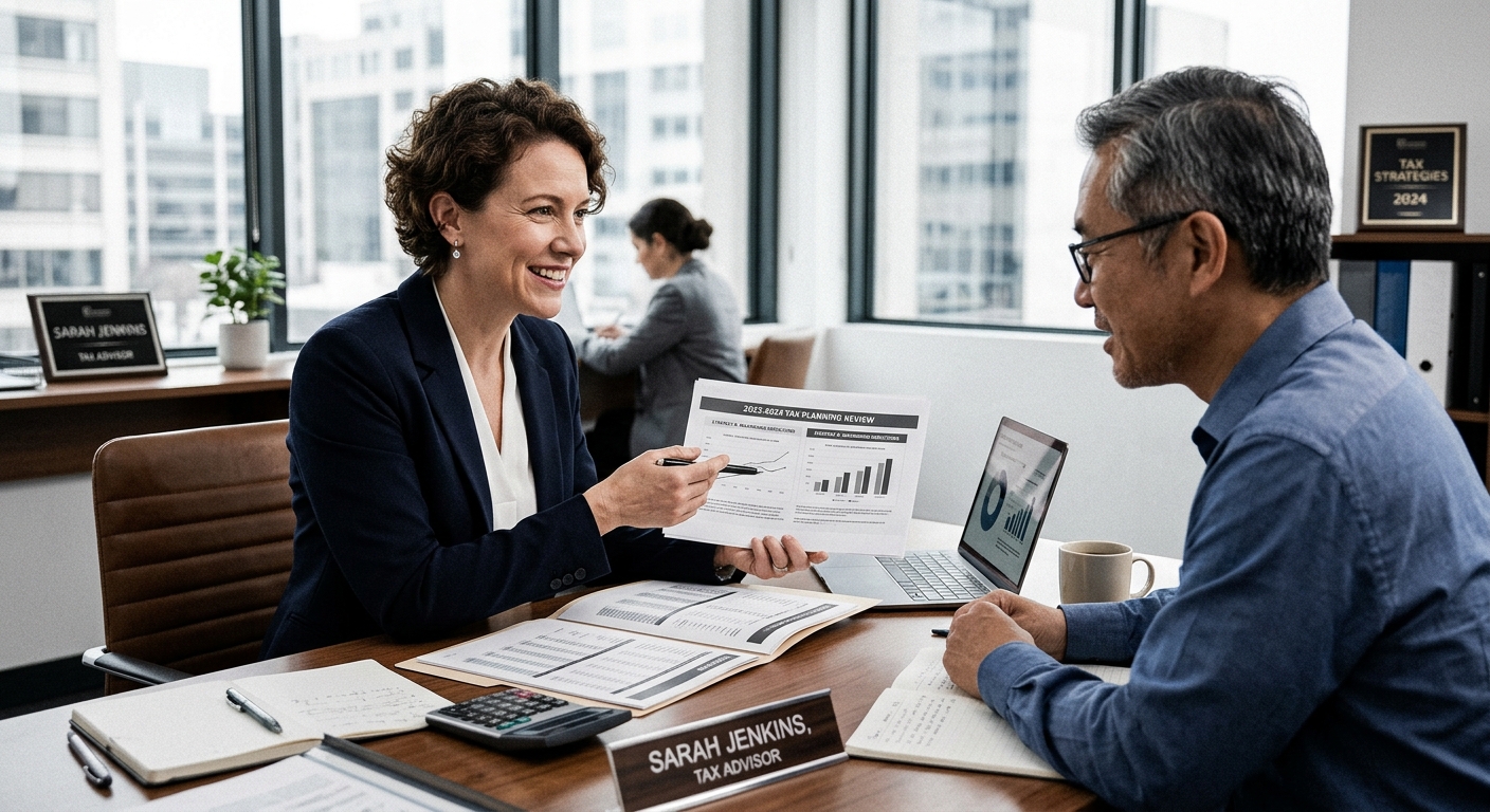 AI 생성 이미지 (models/gemini-3.1-flash-image-preview): A professional tax advisor discussing financial documents with a client in a modern office, highligh...