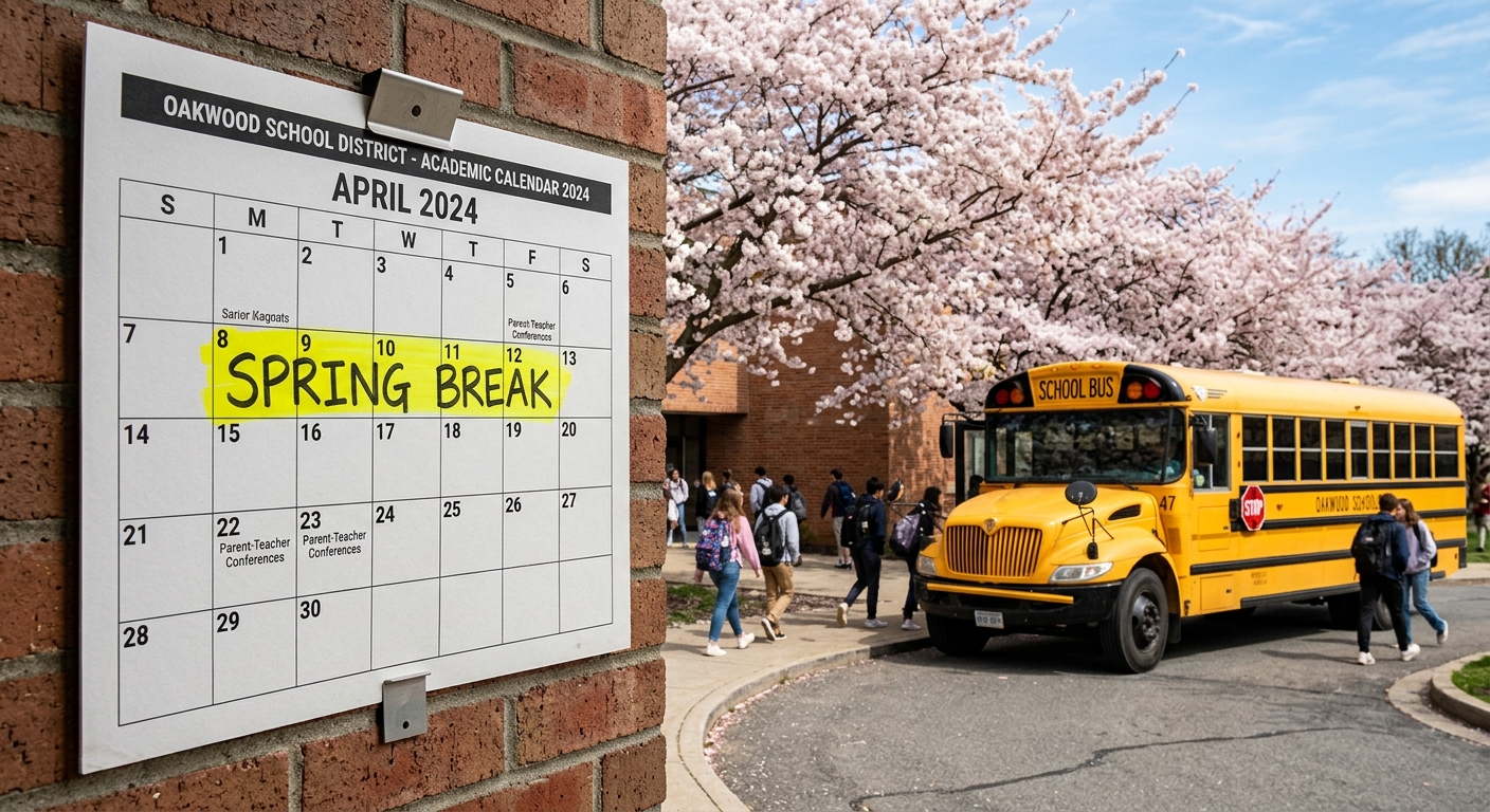 AI 생성 이미지 (models/gemini-3.1-flash-image-preview): A conceptual image of a school calendar with a spring break week highlighted, alongside a yellow sch...