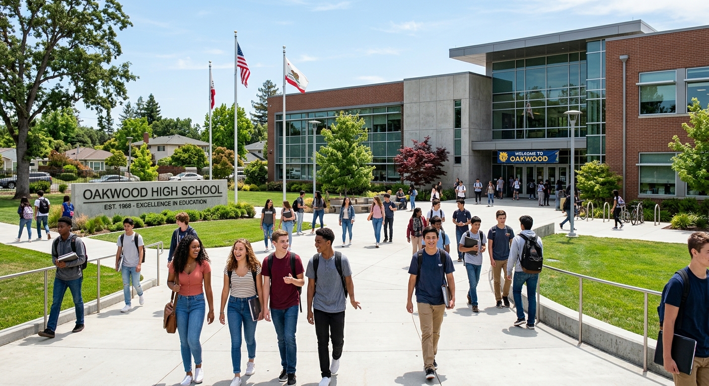 AI 생성 이미지 (models/gemini-3.1-flash-image-preview): A modern public high school building in a suburban neighborhood, students walking on campus, bright ...