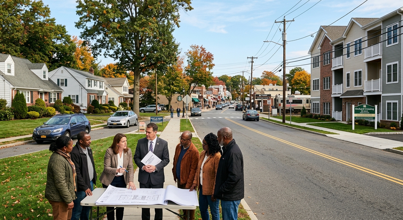 AI 생성 이미지 (models/gemini-3.1-flash-image-preview): A wide shot of a suburban neighborhood in Bergen County, New Jersey, featuring a mix of single-famil...