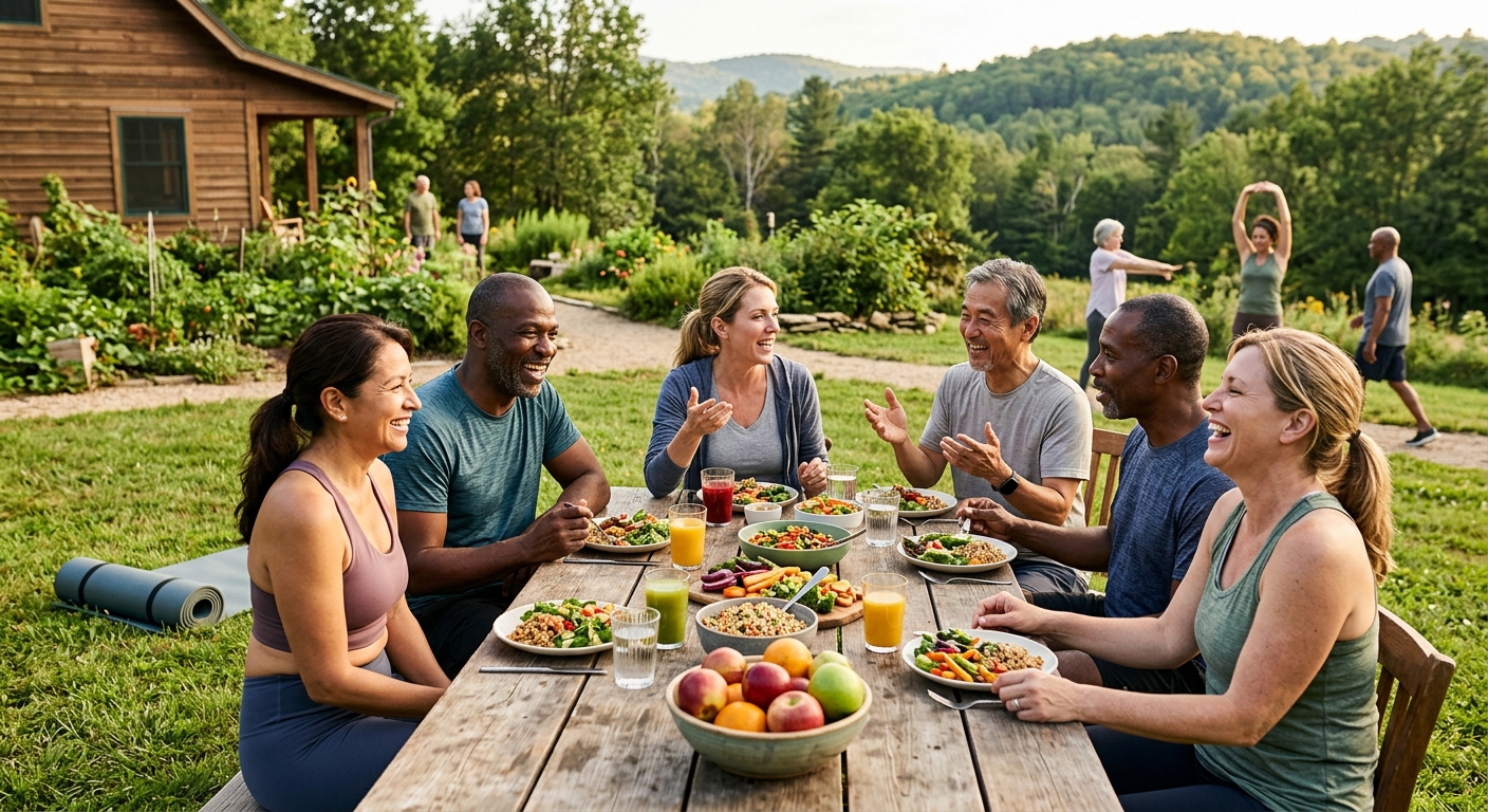 AI 생성 이미지 (models/gemini-3.1-flash-image-preview): A diverse group of middle-aged adults engaging in a modern, holistic wellness lifestyle, such as doi...