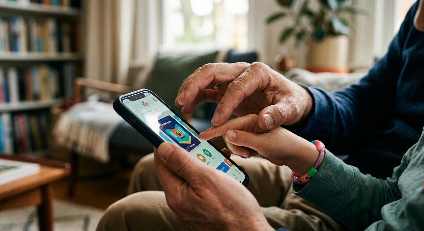 AI 생성 이미지 (gemini-3.1-flash-image-preview): A conceptual image showing a parent's hands gently guiding a child's hands holding a smartphone, mod...