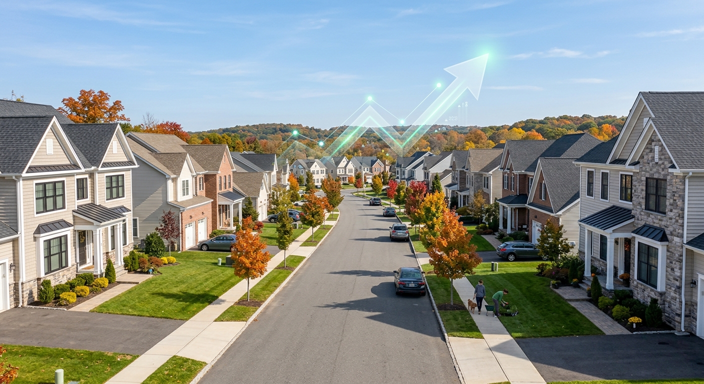 AI 생성 이미지 (models/gemini-3.1-flash-image-preview): A modern residential neighborhood in New Jersey with a subtle upward trending arrow graphic overlay,...