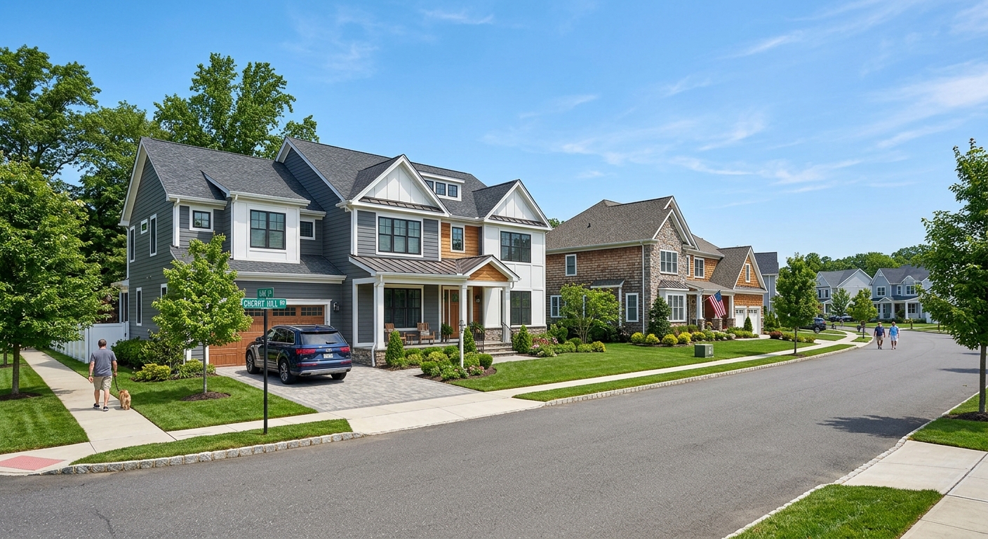 AI 생성 이미지 (gemini-3.1-flash-image-preview): A modern residential neighborhood in New Jersey. professional real estate news photography style, cl...
