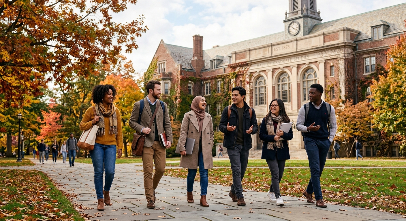 AI 생성 이미지 (models/gemini-3.1-flash-image-preview): A professional photograph of a diverse group of graduate students walking across a classic American ...