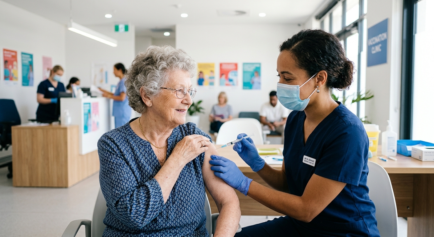 AI 생성 이미지 (models/gemini-3.1-flash-image-preview): A close-up of a medical professional administering a vaccine to an elderly patient in a bright, mode...