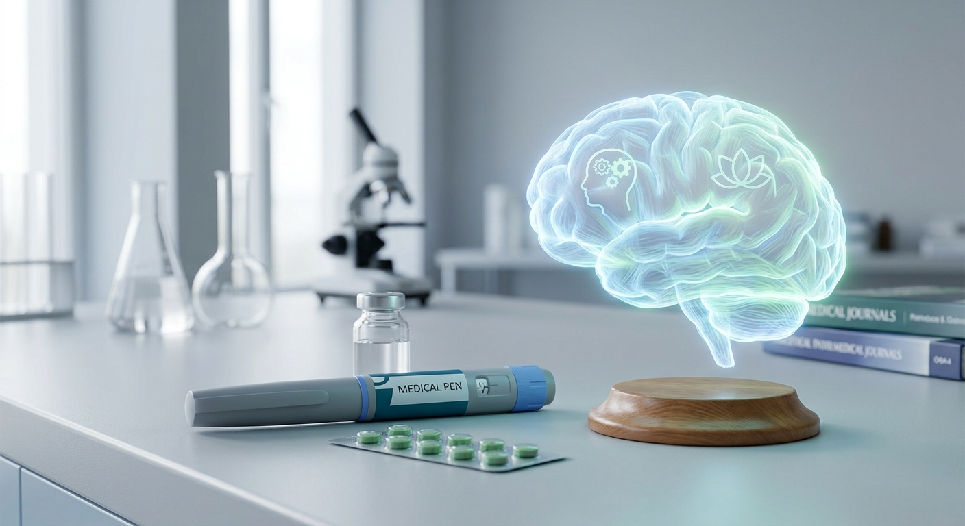 AI 생성 이미지 (models/gemini-3.1-flash-image-preview): A conceptual image showing a medical pill or injection pen (like Ozempic) with a glowing brain or me...