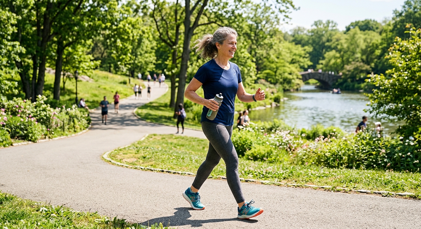 AI 생성 이미지 (models/gemini-3.1-flash-image-preview): A middle-aged person walking briskly and continuously in a scenic park, wearing comfortable athletic...