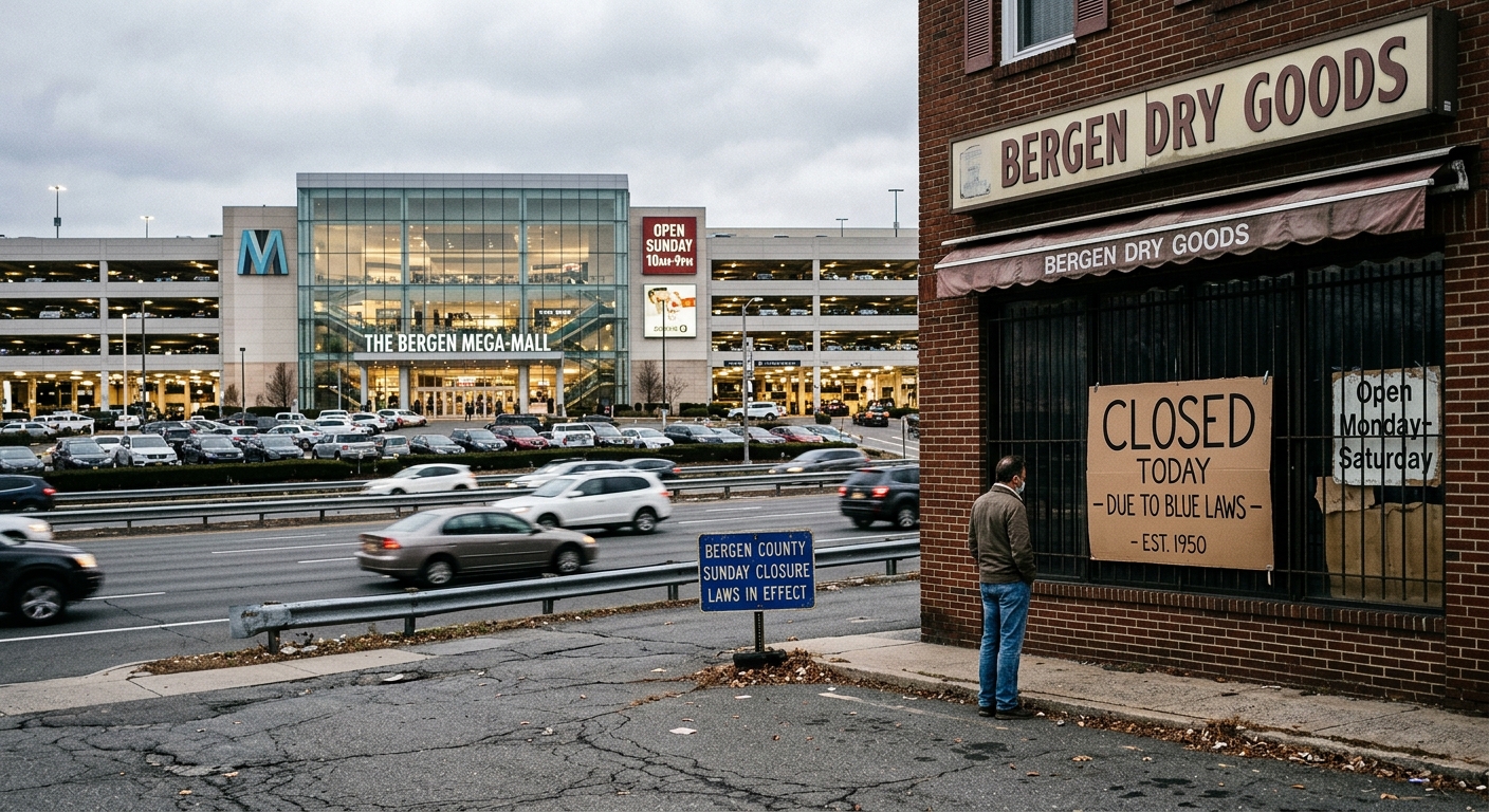 AI 생성 이미지 (models/gemini-3.1-flash-image-preview): A conceptual image showing a closed retail store sign on a Sunday in a suburban shopping district, c...