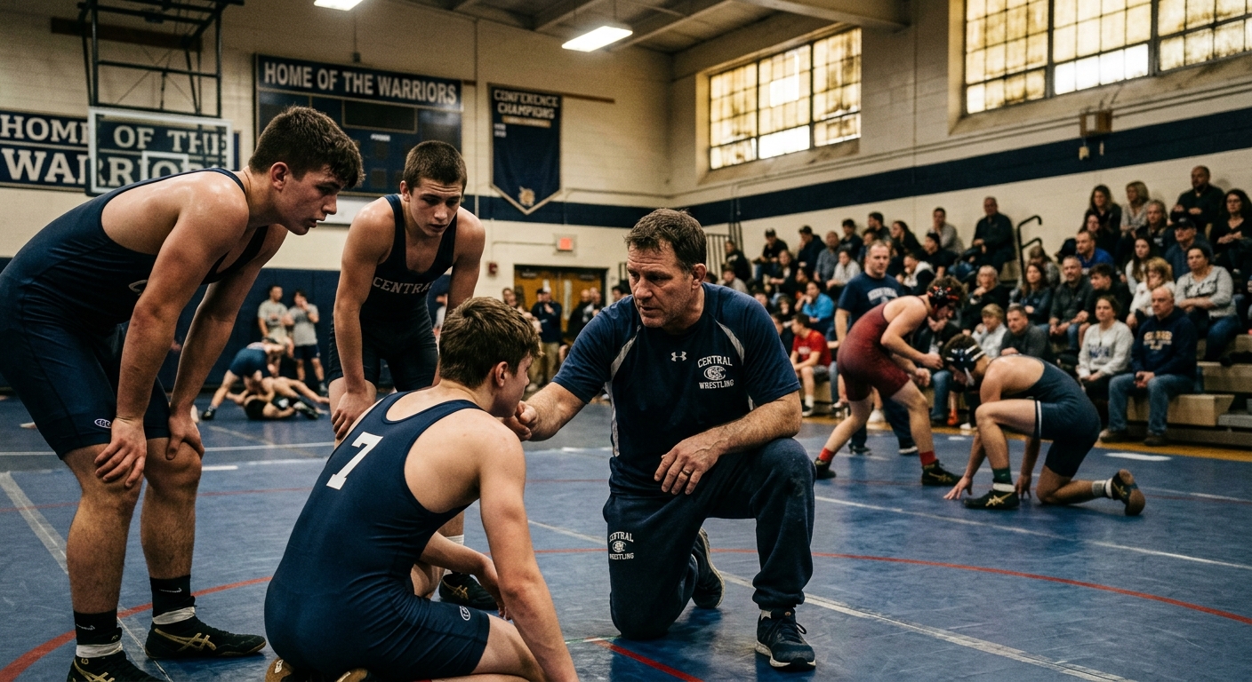 AI 생성 이미지 (models/gemini-3.1-flash-image-preview): A high school wrestling coach instructing students in a gymnasium, serious and focused atmosphere, p...