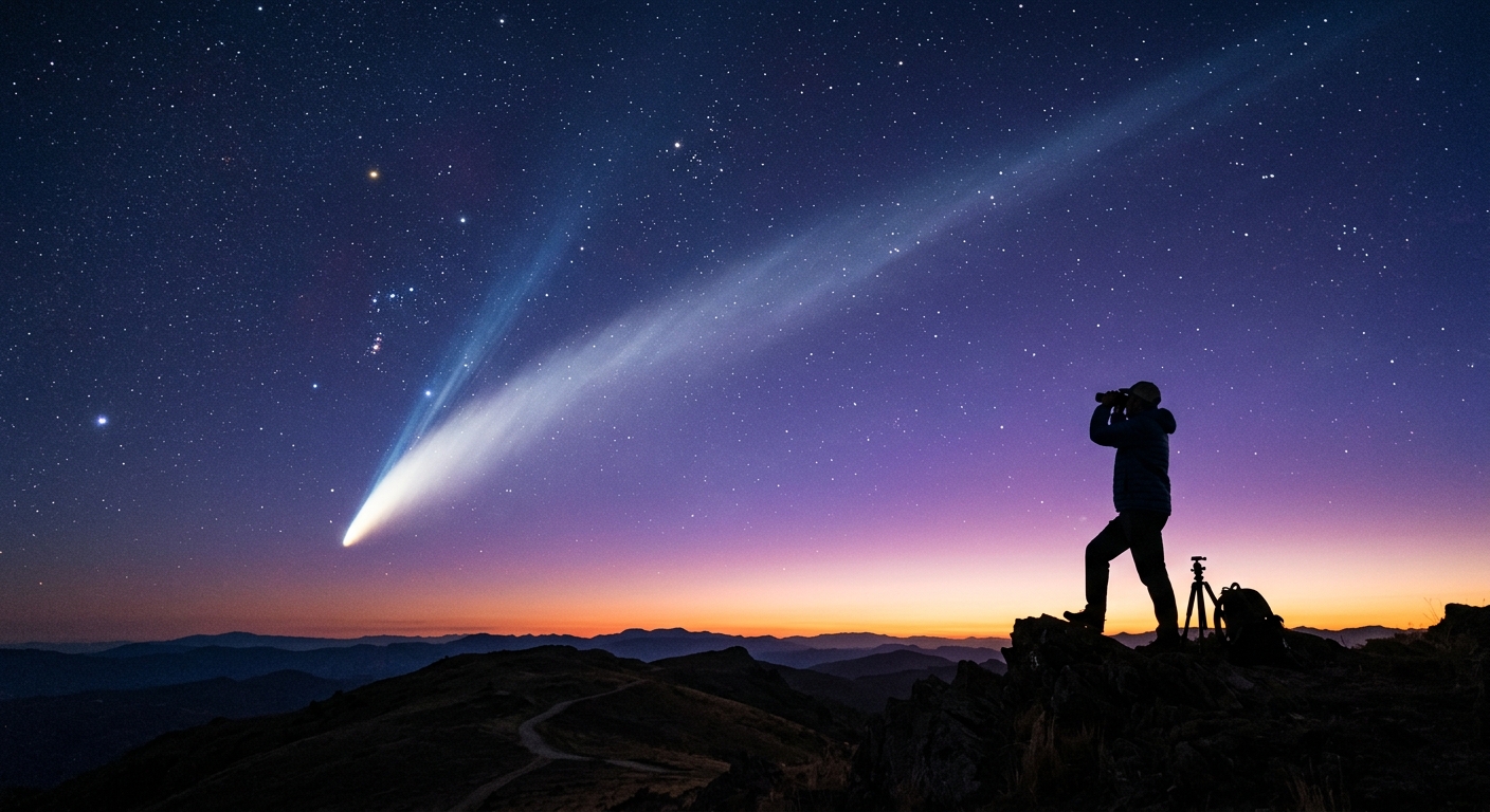 AI 생성 이미지 (models/gemini-3.1-flash-image-preview): bright comet streaking across predawn sky with long tail, silhouette of observer with binoculars on ...