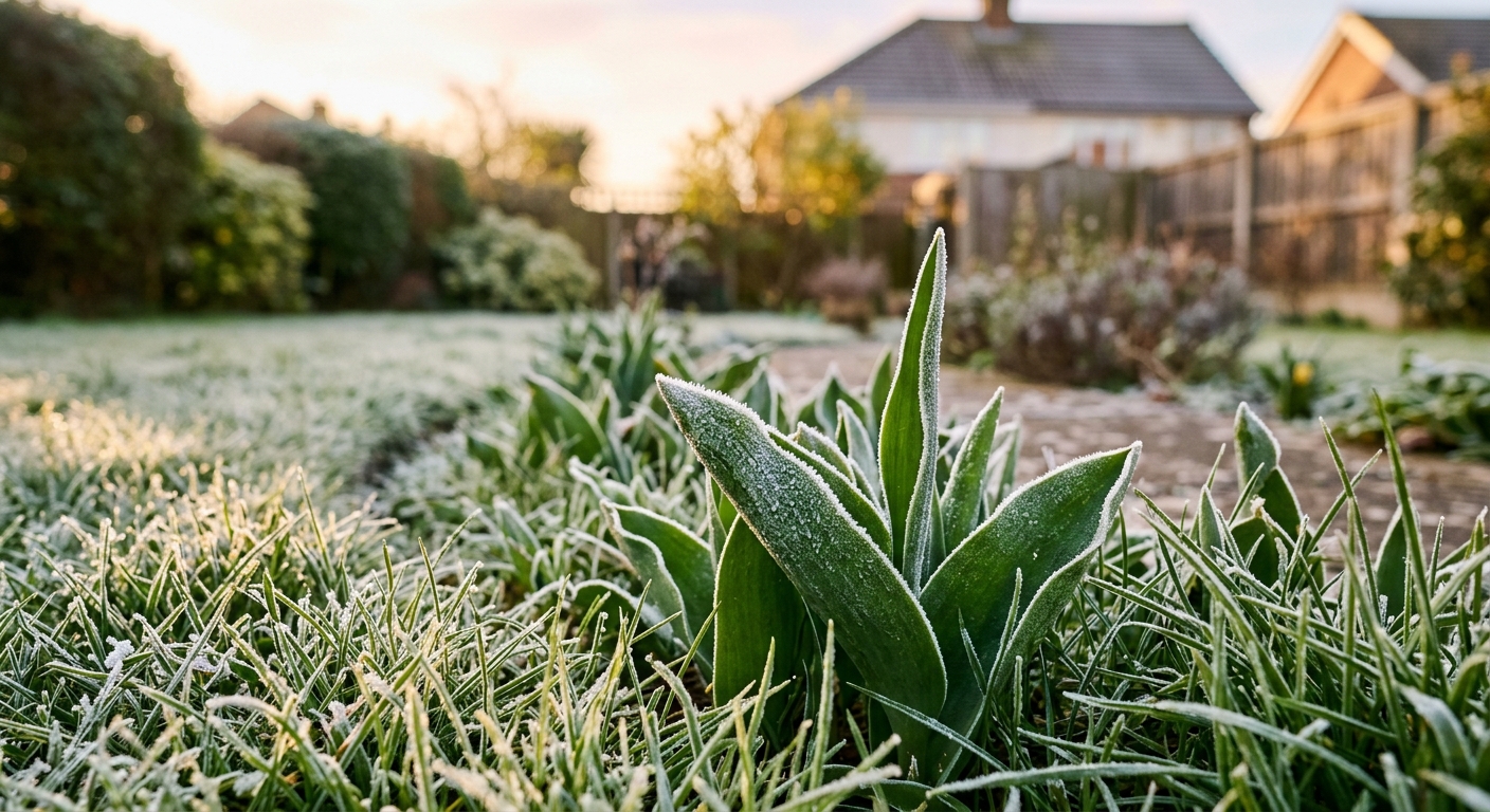 AI 생성 이미지 (models/gemini-3.1-flash-image-preview): early spring morning frost on green grass and tulip leaves in a suburban garden, soft sunrise light,...