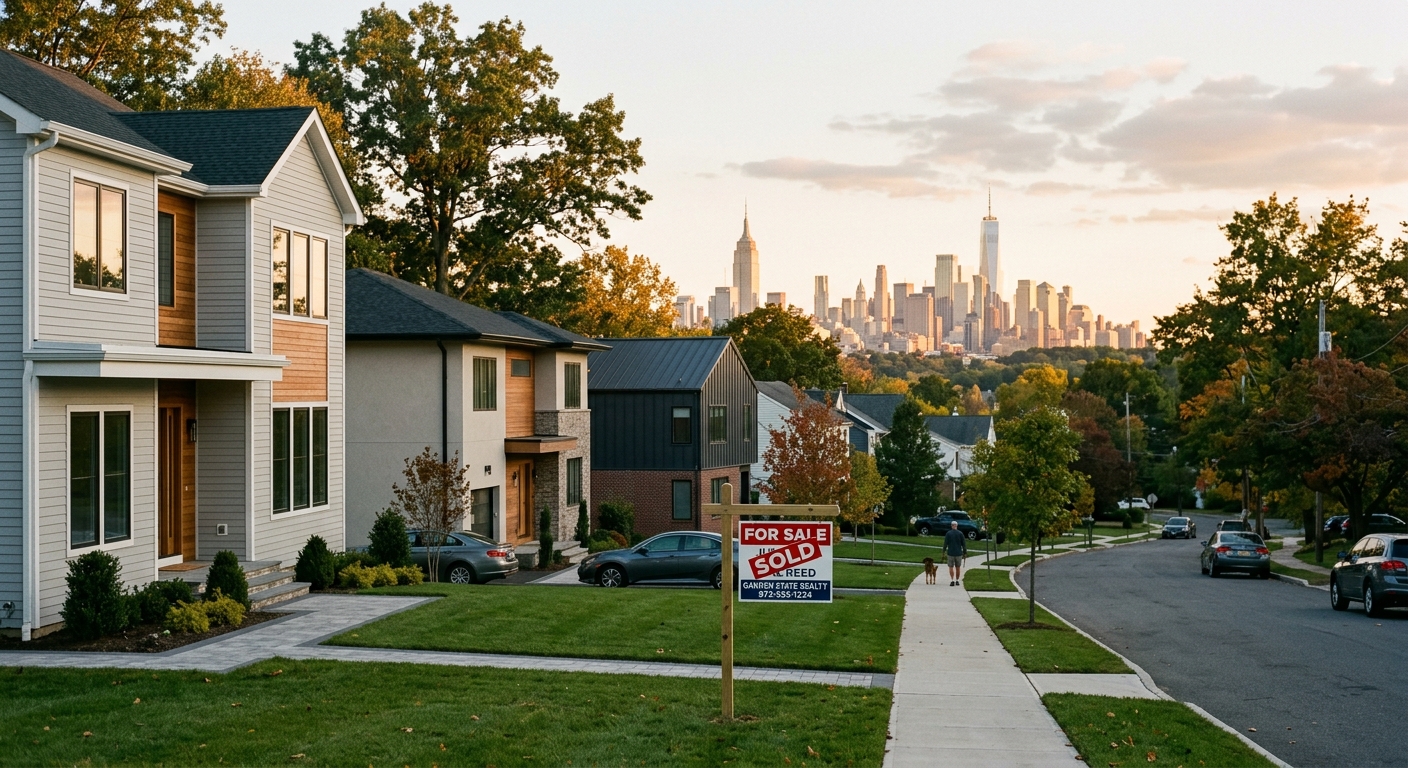 AI 생성 이미지 (models/gemini-3.1-flash-image-preview): suburban New Jersey residential neighborhood with modern houses, sold sign in front yard, Manhattan ...