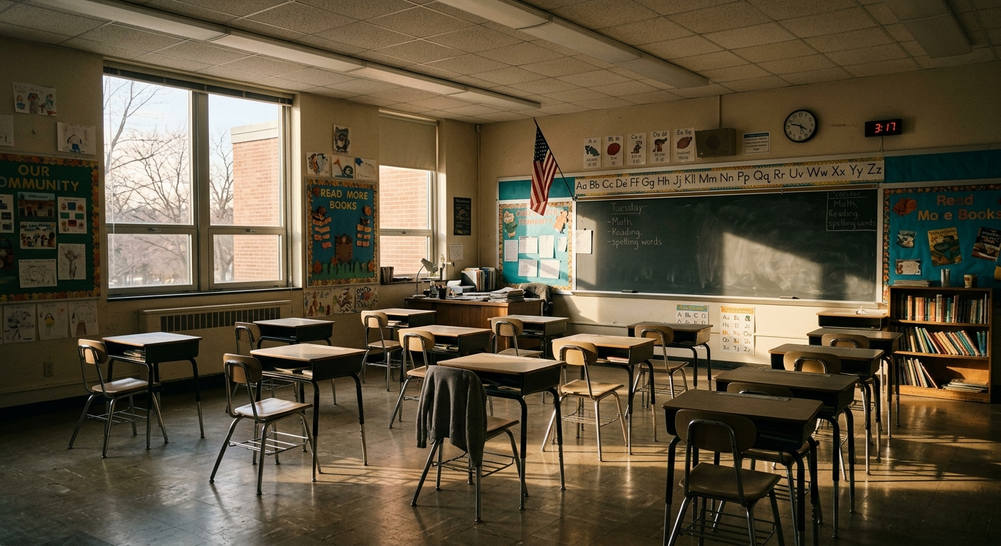 AI 생성 이미지 (models/gemini-3.1-flash-image-preview): empty american elementary school classroom with desks chairs afternoon sunlight through windows mela...