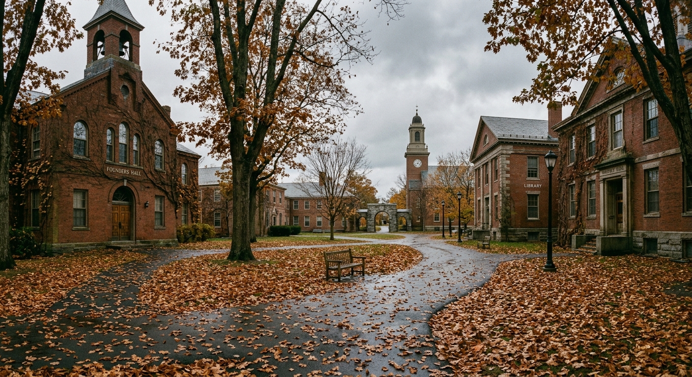 AI 생성 이미지 (models/gemini-3.1-flash-image-preview): empty quiet small college campus in autumn, old brick buildings, fallen leaves, no students, cloudy ...