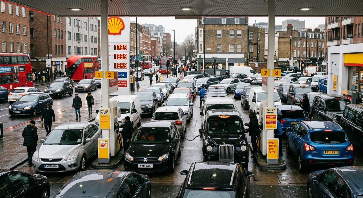 AI 생성 이미지 (models/gemini-3.1-flash-image-preview): A busy gas station in a city with high price signs, cars waiting to refuel, realistic news photograp...