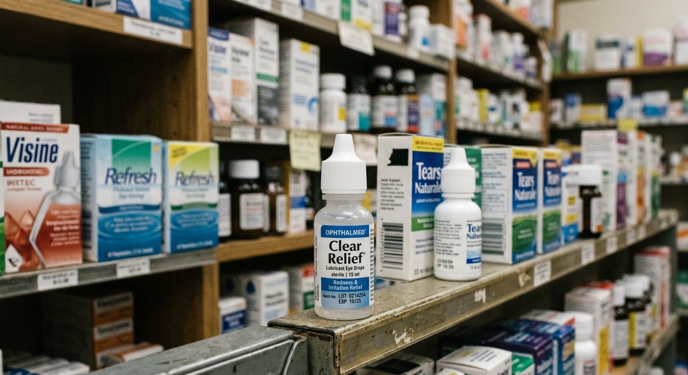 AI 생성 이미지 (models/gemini-3.1-flash-image-preview): close up photo of eye drop bottle on pharmacy shelf, soft lighting, news photography style