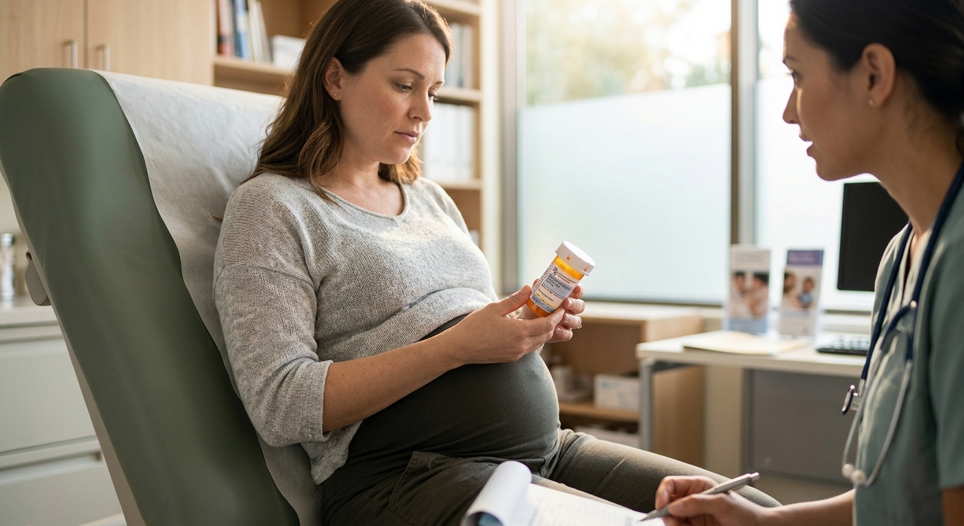 AI 생성 이미지 (models/gemini-3.1-flash-image-preview): pregnant woman holding medicine bottle soft natural light hospital consultation