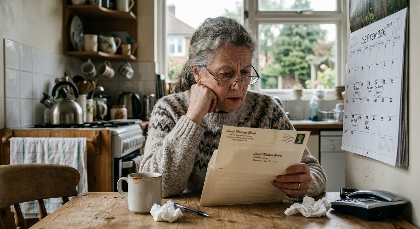 AI 생성 이미지 (models/gemini-3.1-flash-image-preview): elderly person checking calendar and envelope at kitchen table, soft natural light, concerned expres...