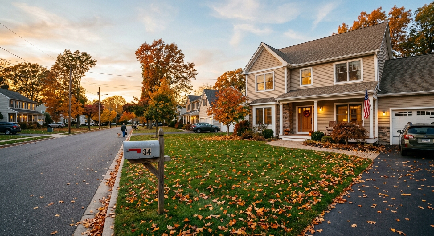 AI 생성 이미지 (models/gemini-3.1-flash-image-preview): suburban American house with mailbox, autumn lawn, quiet residential street, warm evening light, doc...