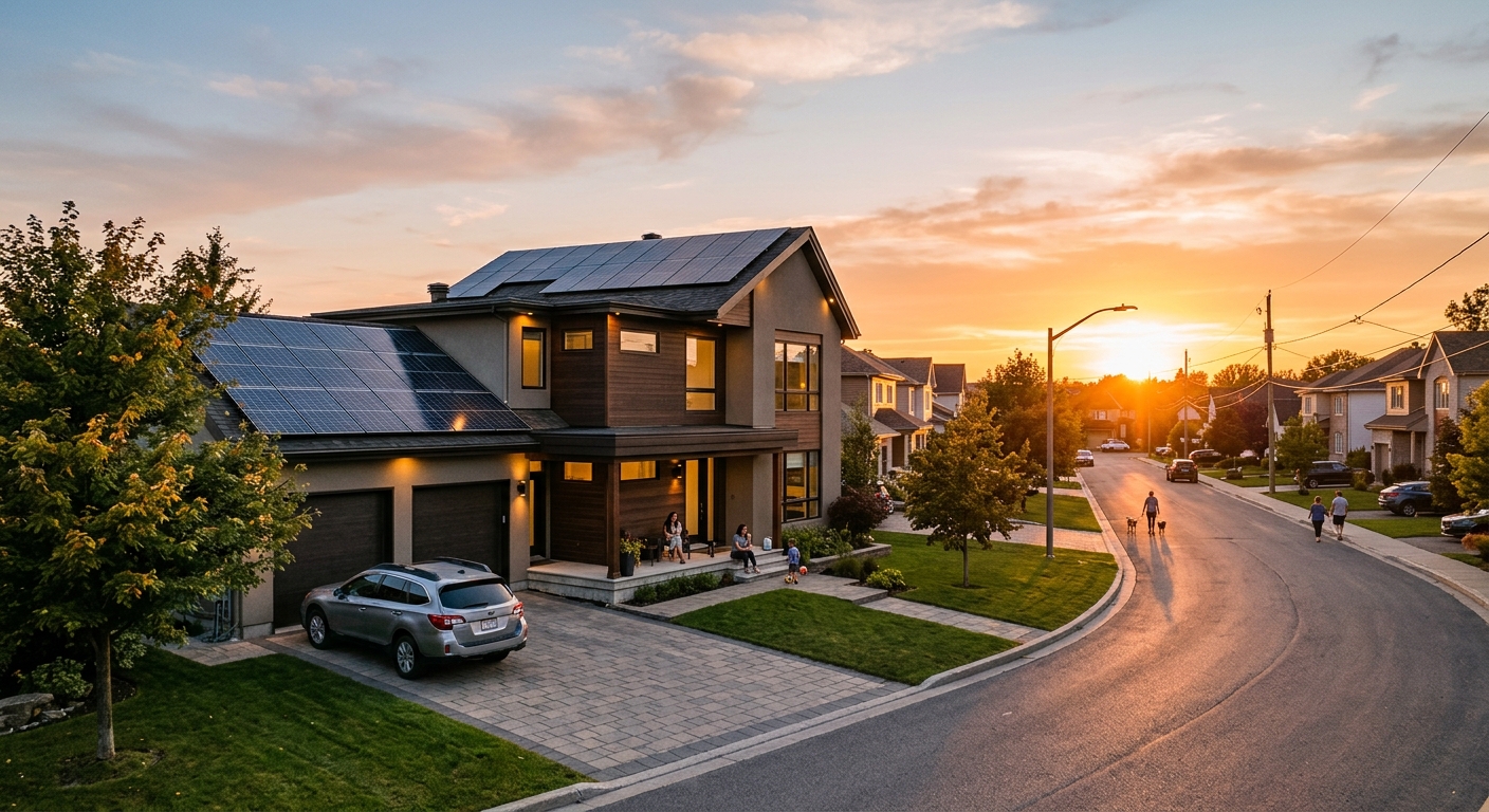 AI 생성 이미지 (models/gemini-3.1-flash-image-preview): modern suburban house with solar panels on roof at sunset, warm evening light, residential neighborh...