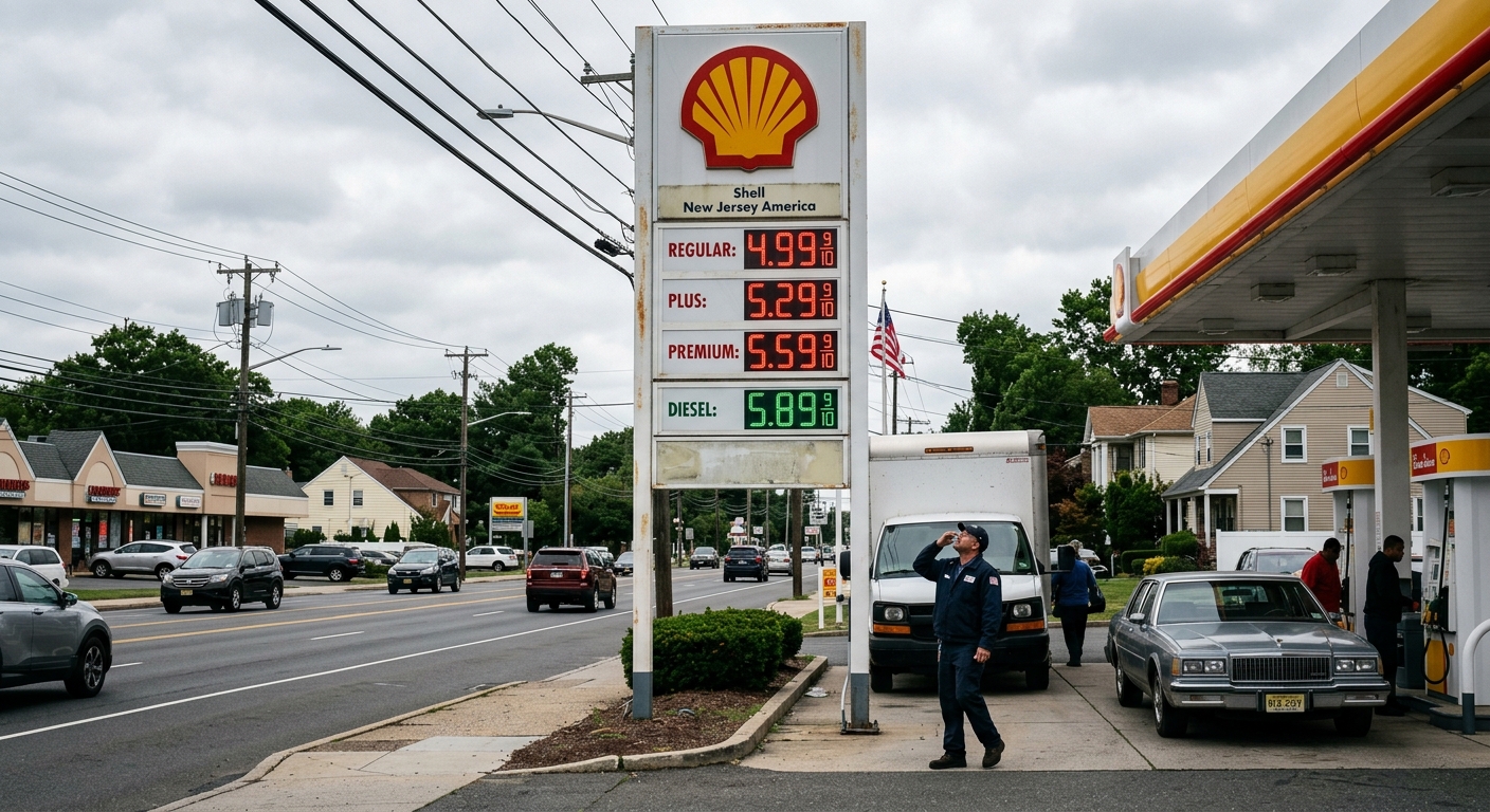 AI 생성 이미지 (models/gemini-3.1-flash-image-preview): gas station price sign rising fuel prices new jersey suburban america photojournalism