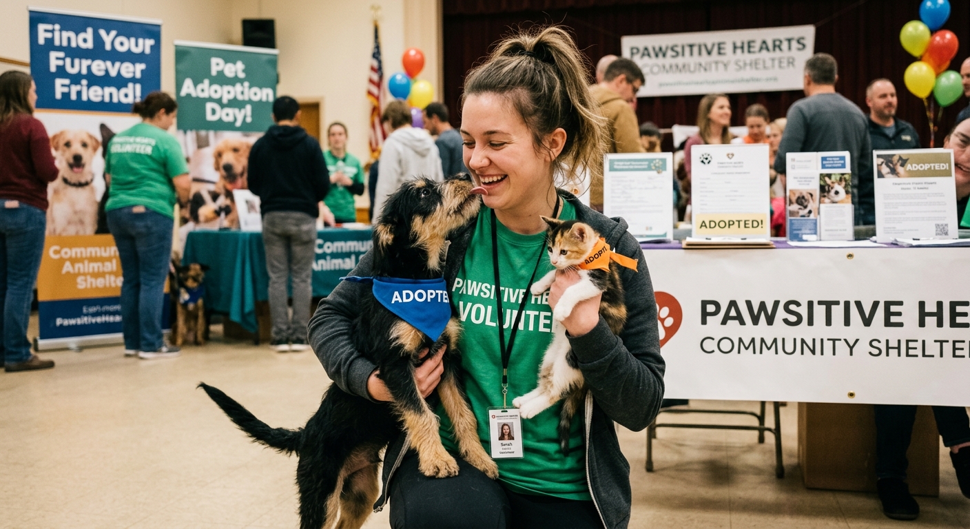 AI 생성 이미지 (models/gemini-3.1-flash-image-preview): happy adopted puppy and kitten with volunteer at pet adoption event, warm lighting, photojournalism ...