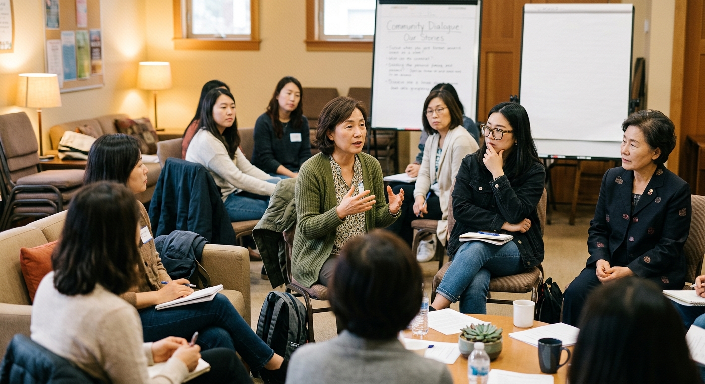 AI 생성 이미지 (models/gemini-3.1-flash-image-preview): Korean American women gathered in a community room for a discussion workshop, warm lighting, casual ...