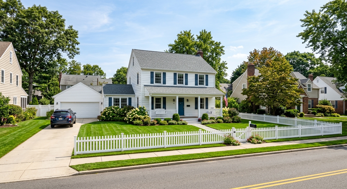 AI 생성 이미지 (models/gemini-3.1-flash-image-preview): suburban american house with green lawn and white picket fence, residential neighborhood, sunny day,...