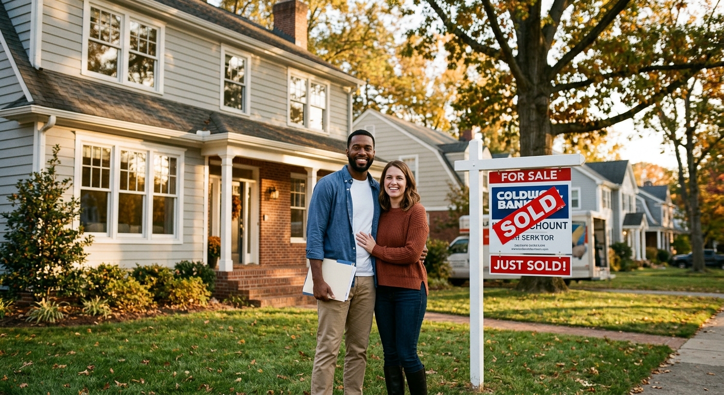 AI 생성 이미지 (models/gemini-3.1-flash-image-preview): professional couple standing in front of suburban american house with sold sign, warm afternoon ligh...