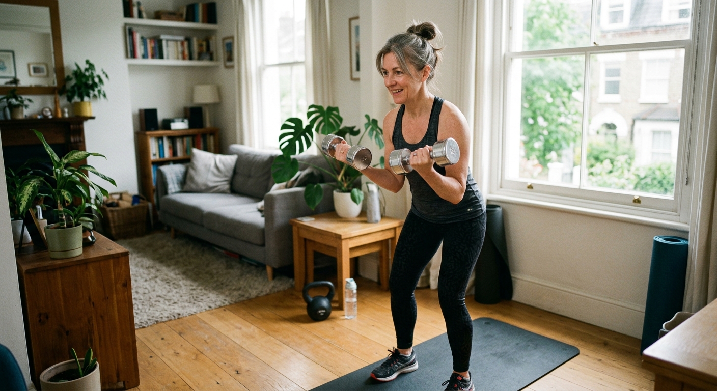 AI 생성 이미지 (models/gemini-3.1-flash-image-preview): middle-aged woman exercising at home, lifting dumbbells, natural lighting, fitness lifestyle, docume...