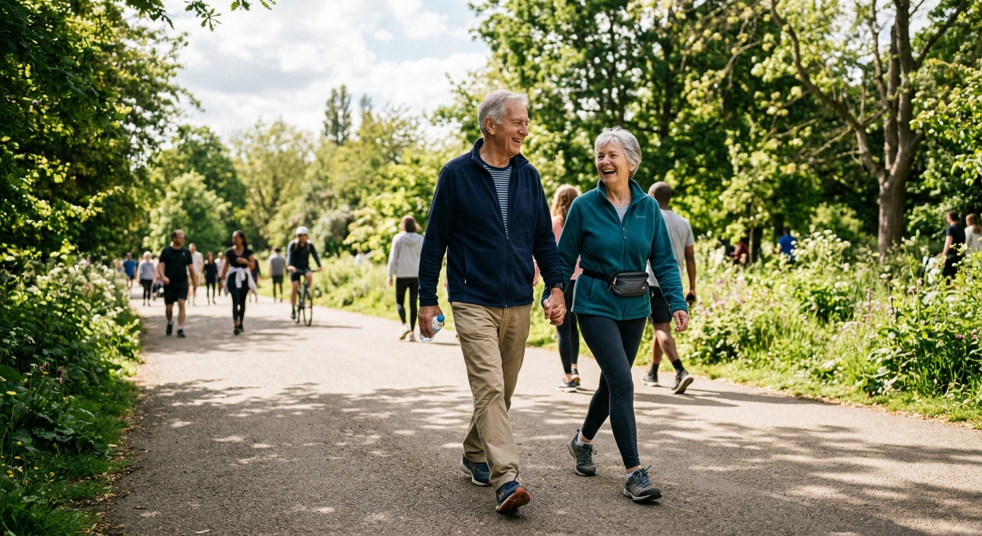 AI 생성 이미지 (models/gemini-3.1-flash-image-preview): senior couple walking together in a sunny park, healthy lifestyle, active aging, smiling elderly peo...