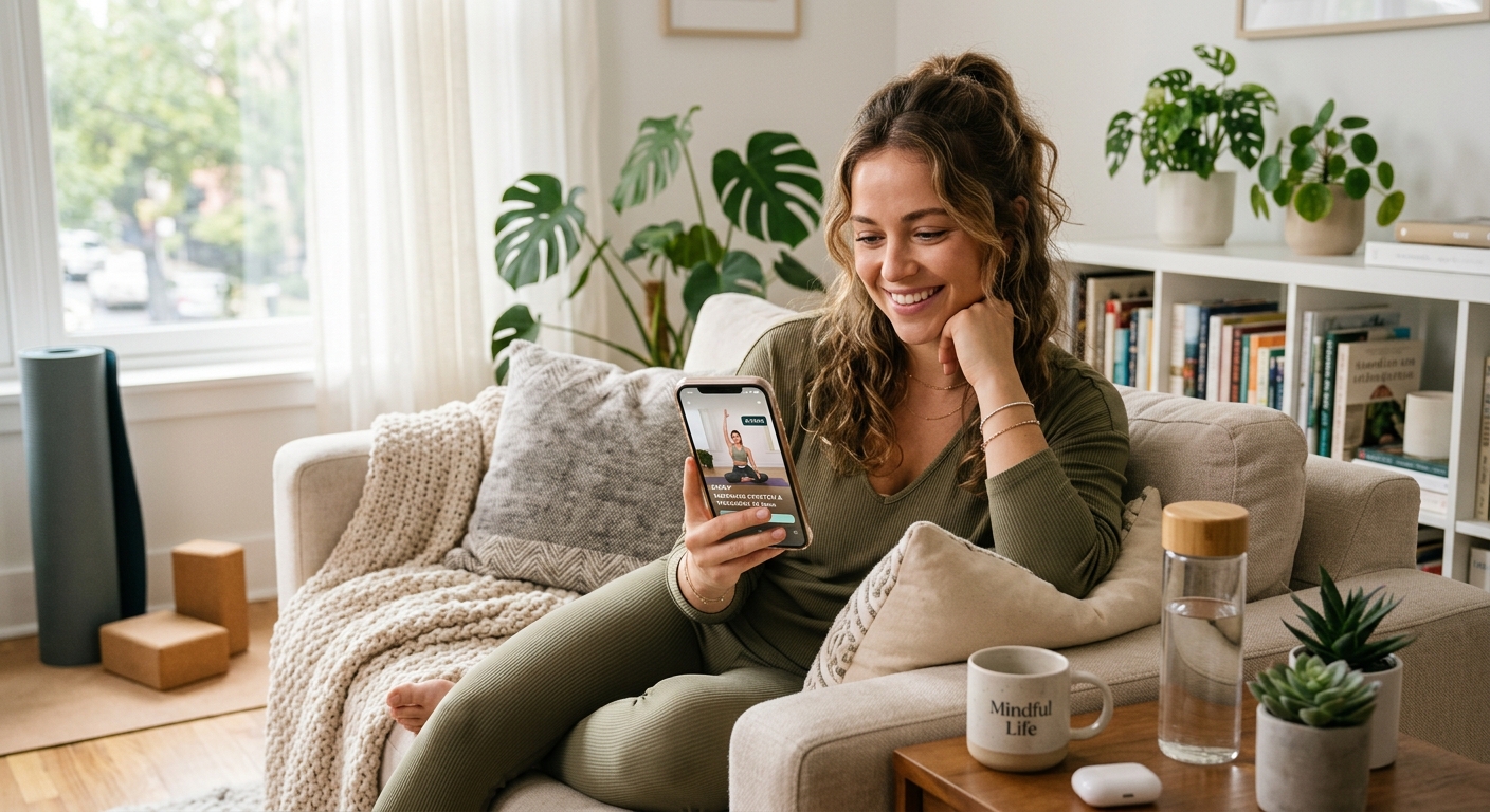 AI 생성 이미지 (models/gemini-3.1-flash-image-preview): young woman watching fitness wellness content on smartphone, healthy lifestyle, modern lifestyle pho...